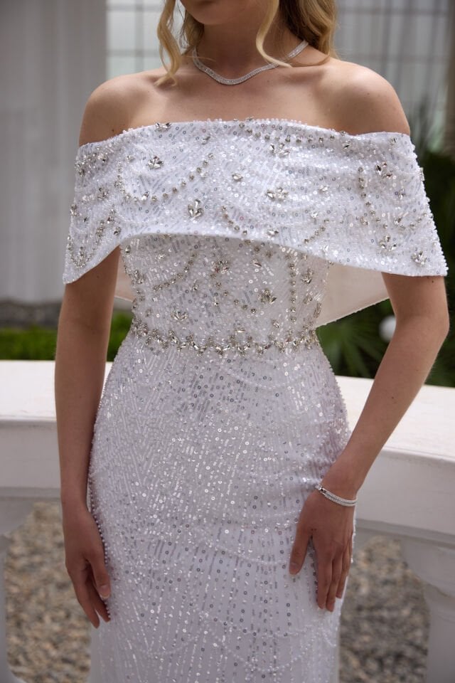 Maria Beyaz İnci & Kristal İşlemeli Elbise