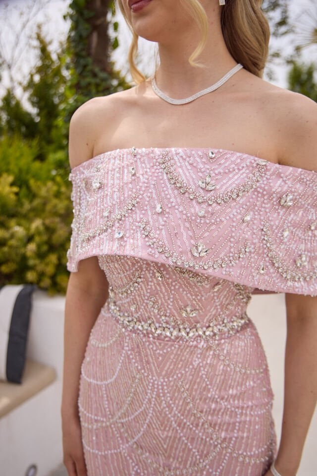 Maria Pudra İnci & Kristal İşlemeli Elbise