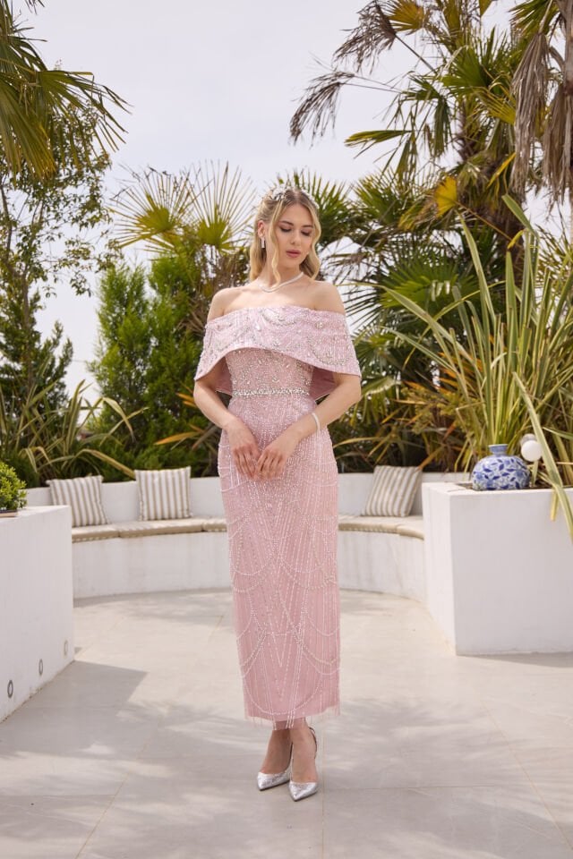 Maria Pudra İnci & Kristal İşlemeli Elbise