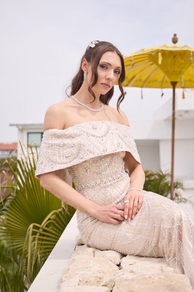 Maria Bej İnci & Kristal İşlemeli Elbise