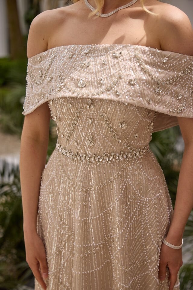 Maria Bej İnci & Kristal İşlemeli Prenses Elbise