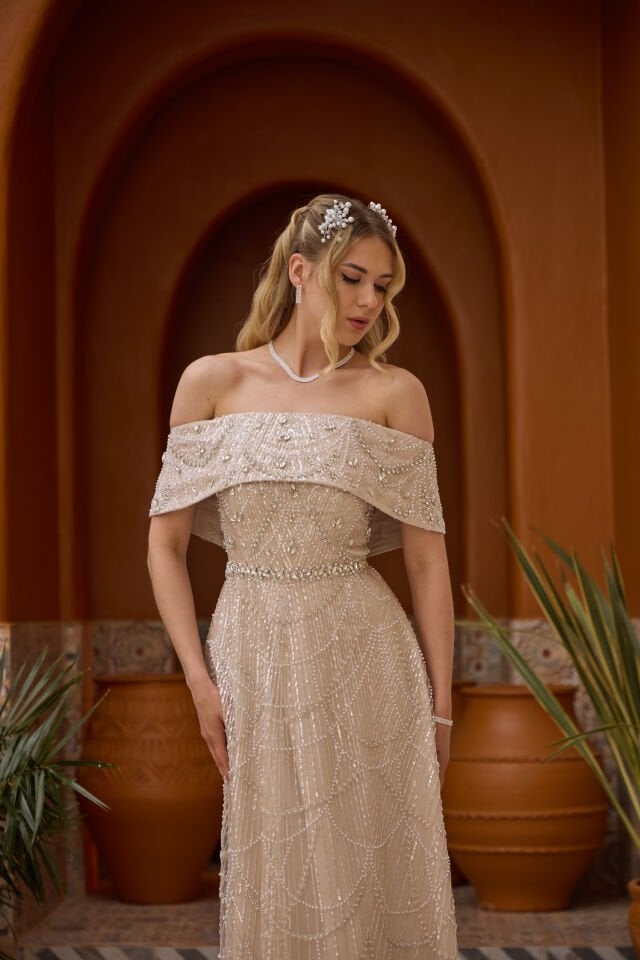 Maria Bej İnci & Kristal İşlemeli Prenses Elbise