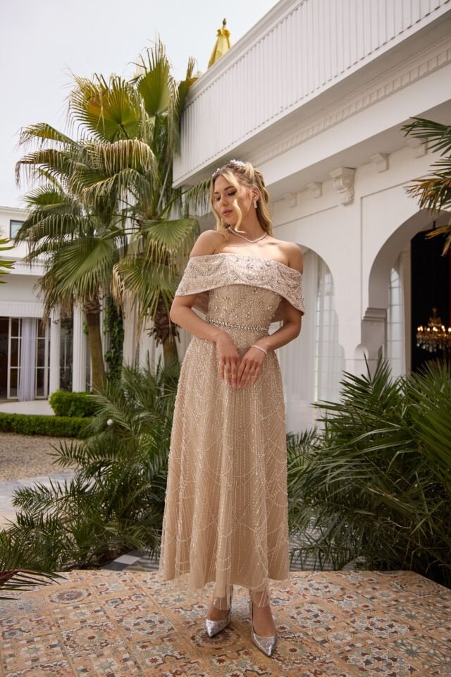 Maria Bej İnci & Kristal İşlemeli Prenses Elbise