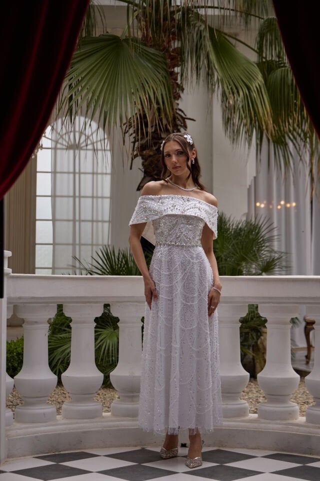 Maria Beyaz İnci & Kristal İşlemeli Prenses Elbise