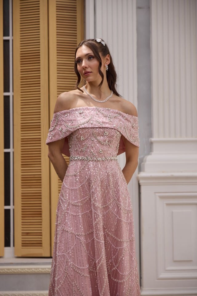 Maria Pudra İnci & Kristal İşlemeli Prenses Elbise