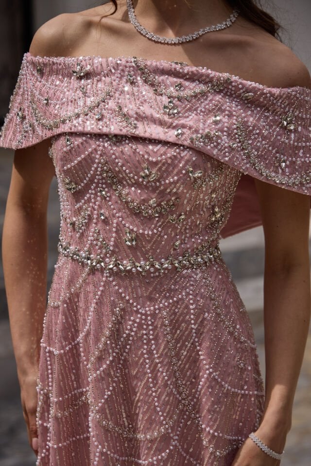 Maria Pudra İnci & Kristal İşlemeli Prenses Elbise