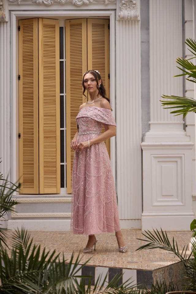 Maria Pudra İnci & Kristal İşlemeli Prenses Elbise