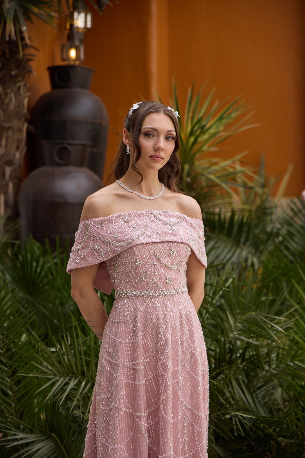 Maria Pudra İnci & Kristal İşlemeli Prenses Elbise