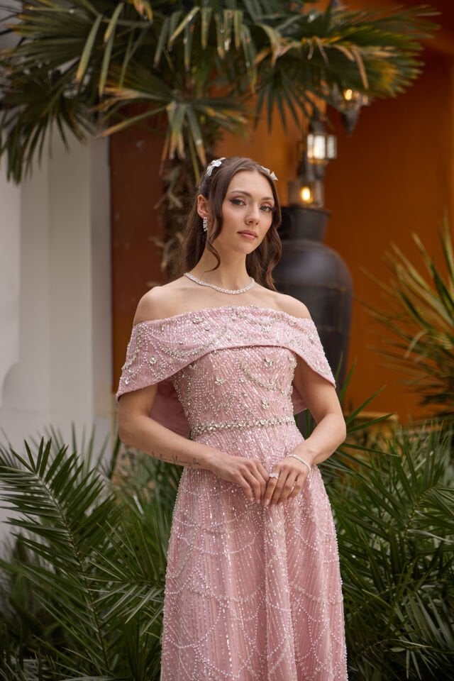 Maria Pudra İnci & Kristal İşlemeli Prenses Elbise