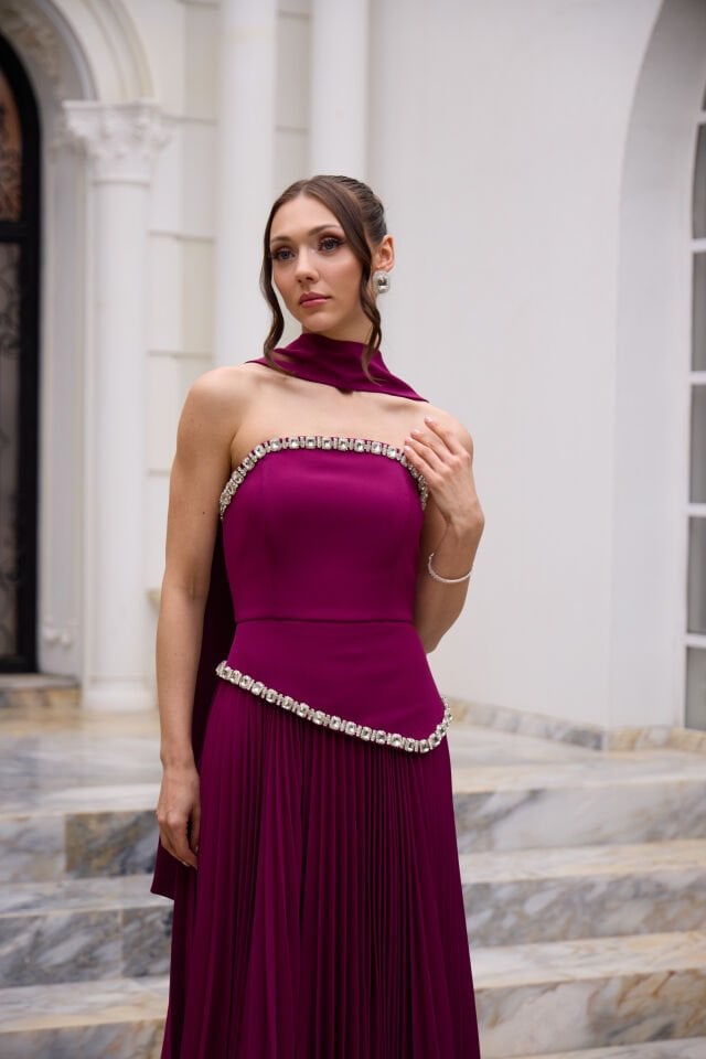 Amanda Bordo Kristal Taş İşlemeli Plise Detaylı Elbise