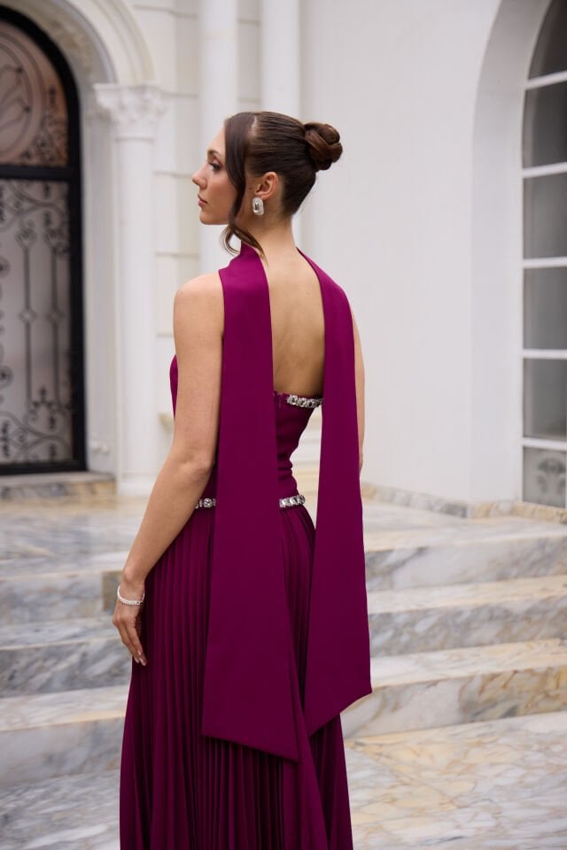 Amanda Bordo Kristal Taş İşlemeli Plise Detaylı Elbise