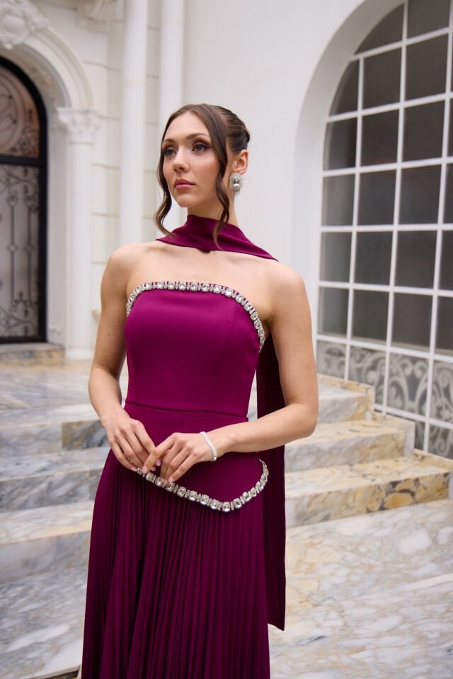 Amanda Bordo Kristal Taş İşlemeli Plise Detaylı Elbise