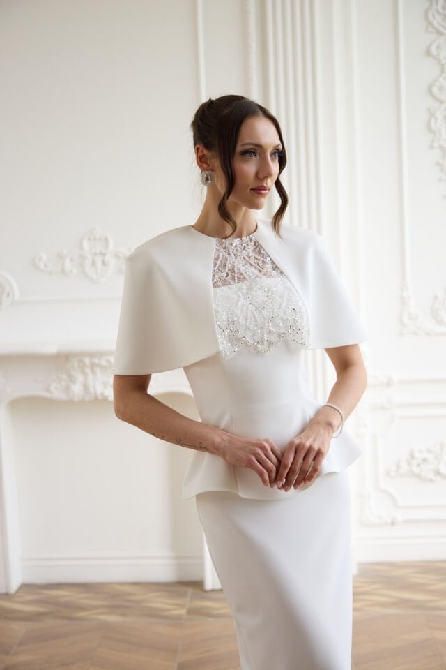 Lena Beyaz Dantel İşlemeli Bolero Detaylı Elbise