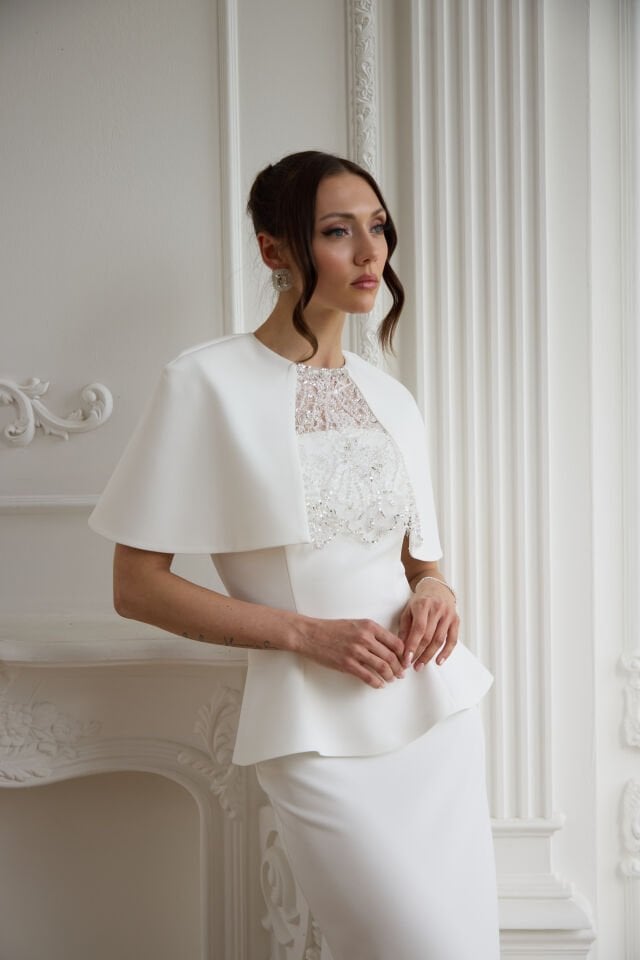 Lena Beyaz Dantel İşlemeli Bolero Detaylı Elbise