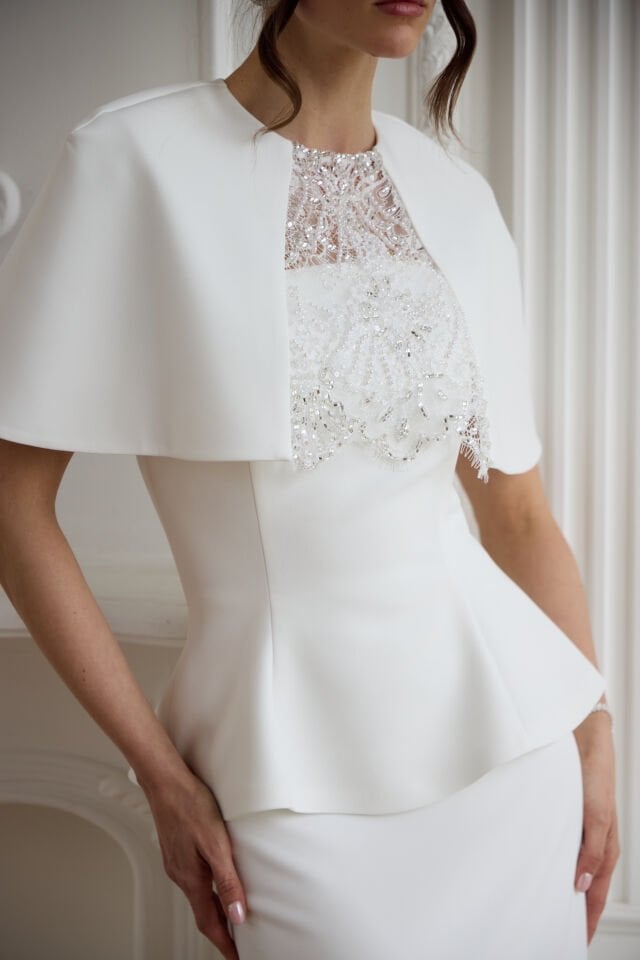 Lena Beyaz Dantel İşlemeli Bolero Detaylı Elbise