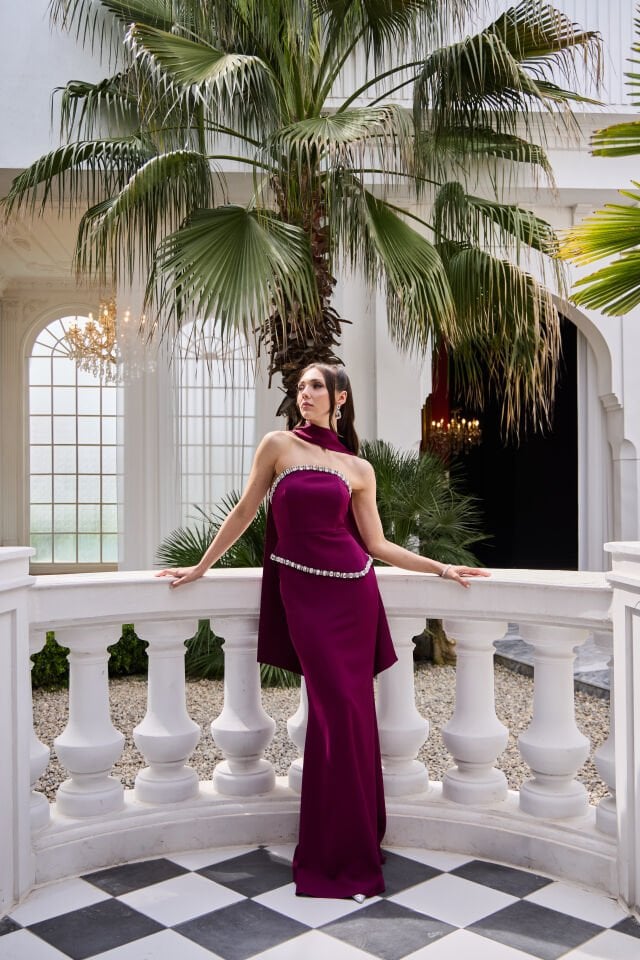 Sorbe Bordo Kristal İşlemeli Balık Elbise