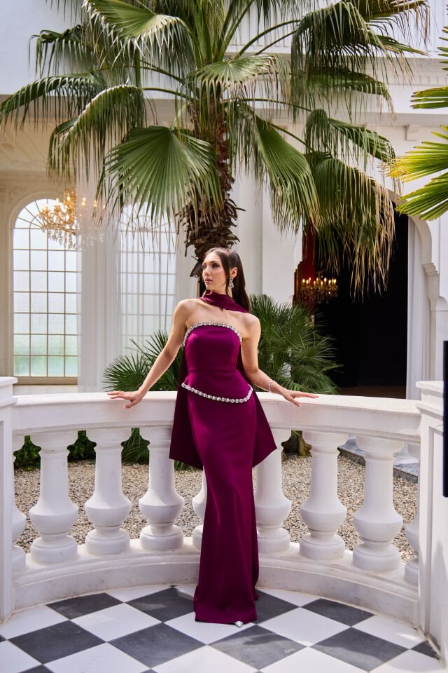 Sorbe Bordo Kristal İşlemeli Balık Elbise