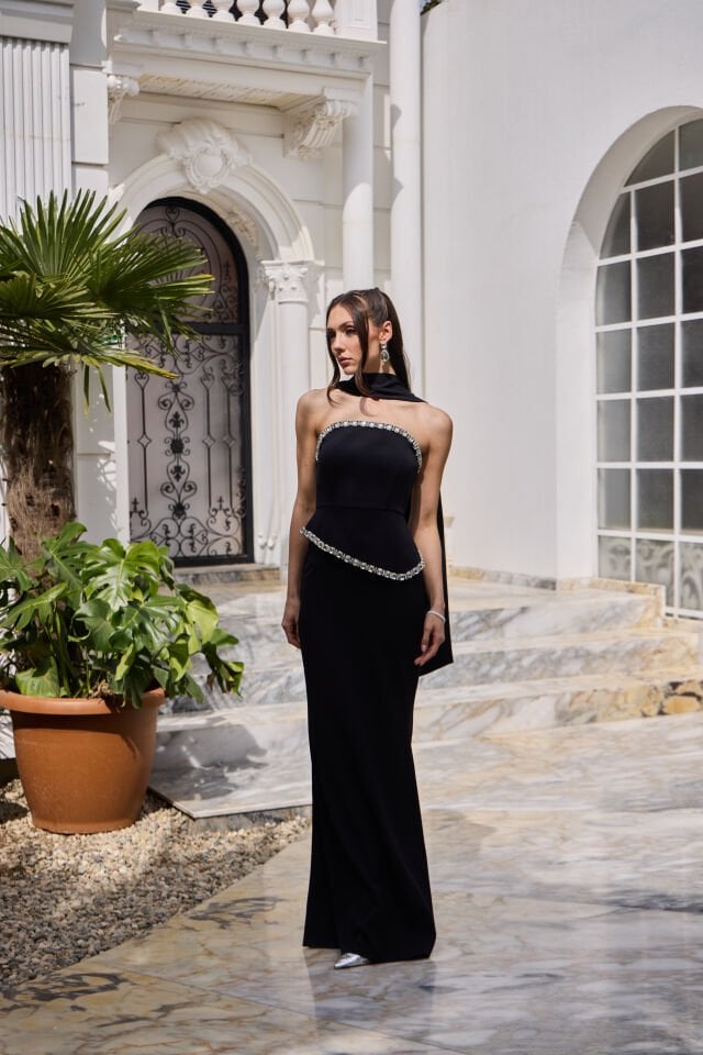 Sorbe Siyah Kristal İşlemeli Balık Elbise