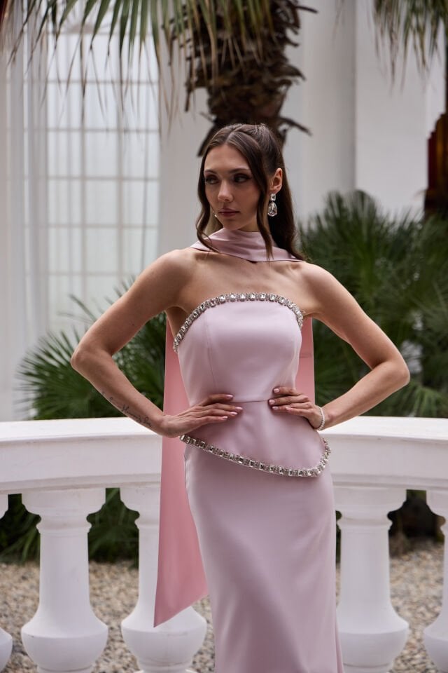 Sorbe Pudra Kristal İşlemeli Balık Elbise