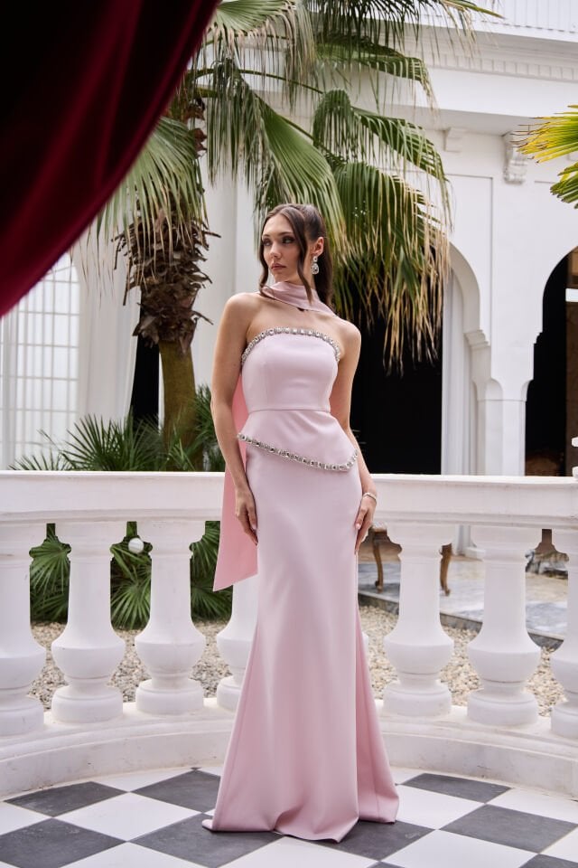 Sorbe Pudra Kristal İşlemeli Balık Elbise