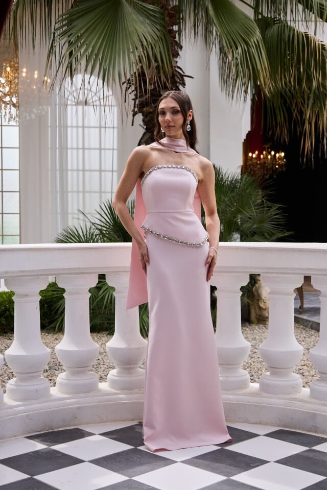 Sorbe Pudra Kristal İşlemeli Balık Elbise