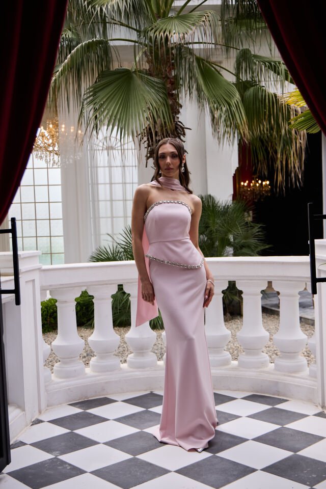 Sorbe Pudra Kristal İşlemeli Balık Elbise