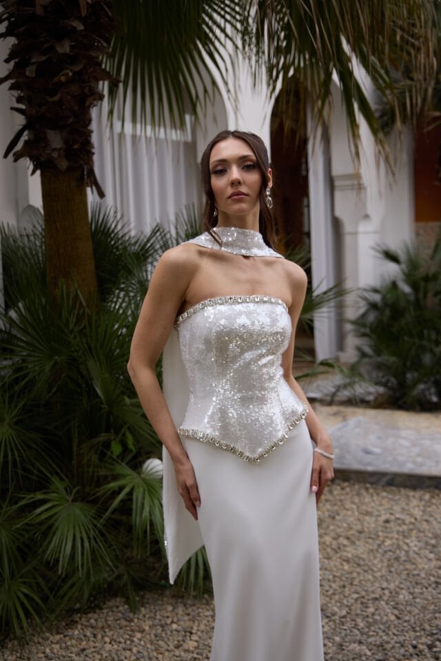 Vanessa Beyaz Kristal İşlemeli Payet Detaylı Elbise