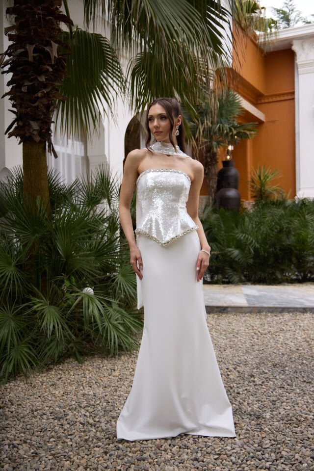 Vanessa Beyaz Kristal İşlemeli Payet Detaylı Elbise