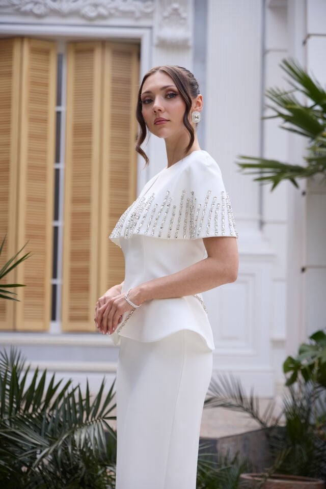 Juliet Beyaz Kristal İşlemeli Bolero Elbise