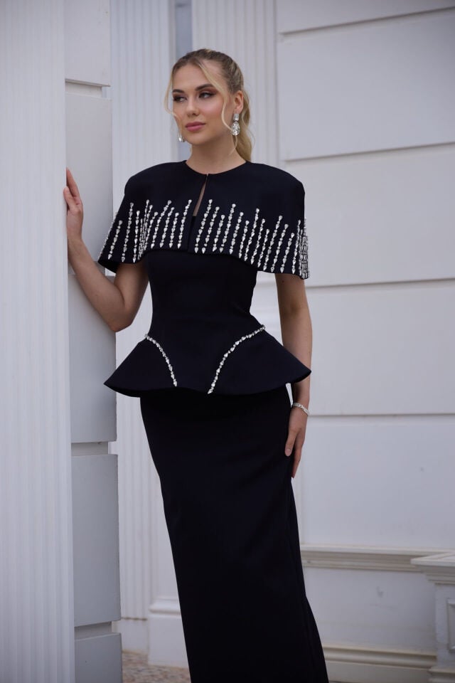 Juliet Siyah Kristal İşlemeli Bolero Davet Elbisesi
