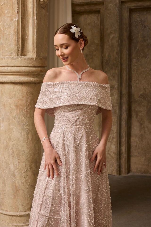 Rose Pudra İnci İşlemeli Maxi Prenses Elbise 36
